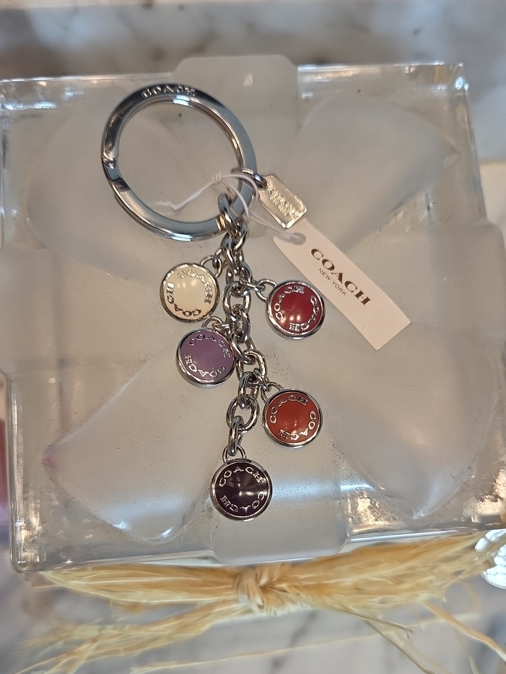NWT Coach Silver-Tone Enamel Disc Keychain with Red, Purple, Cream Accents